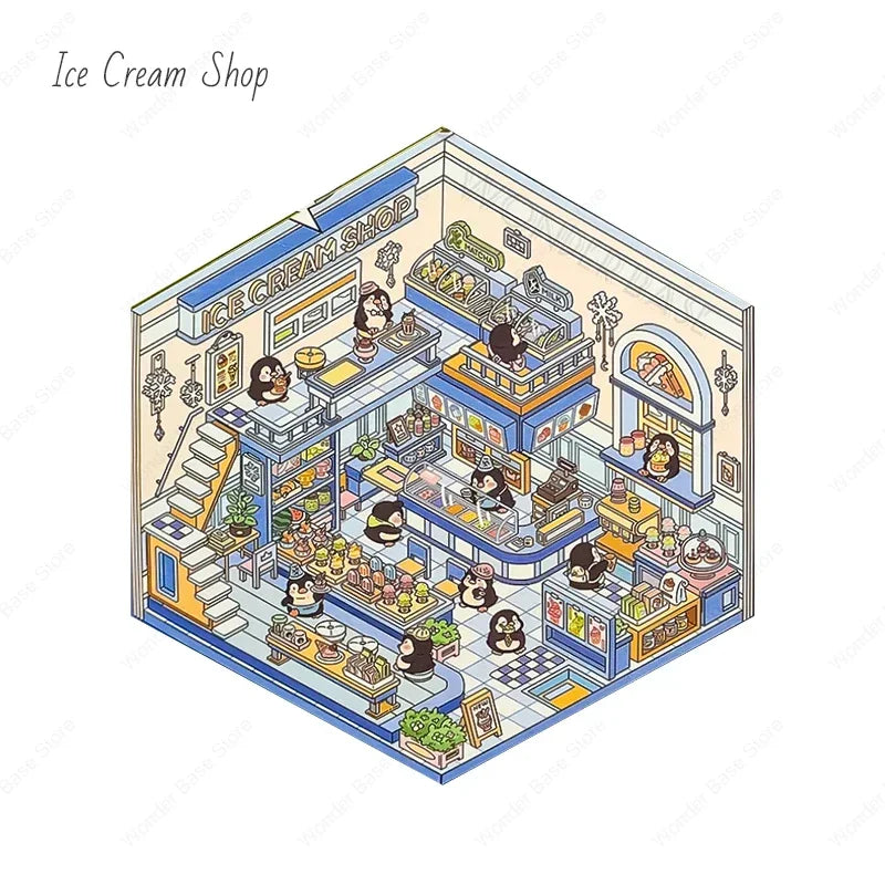 Miniature Scene 3D:Ice Cream Shop/Sensen Book/Coco Coffee/Pink cabin