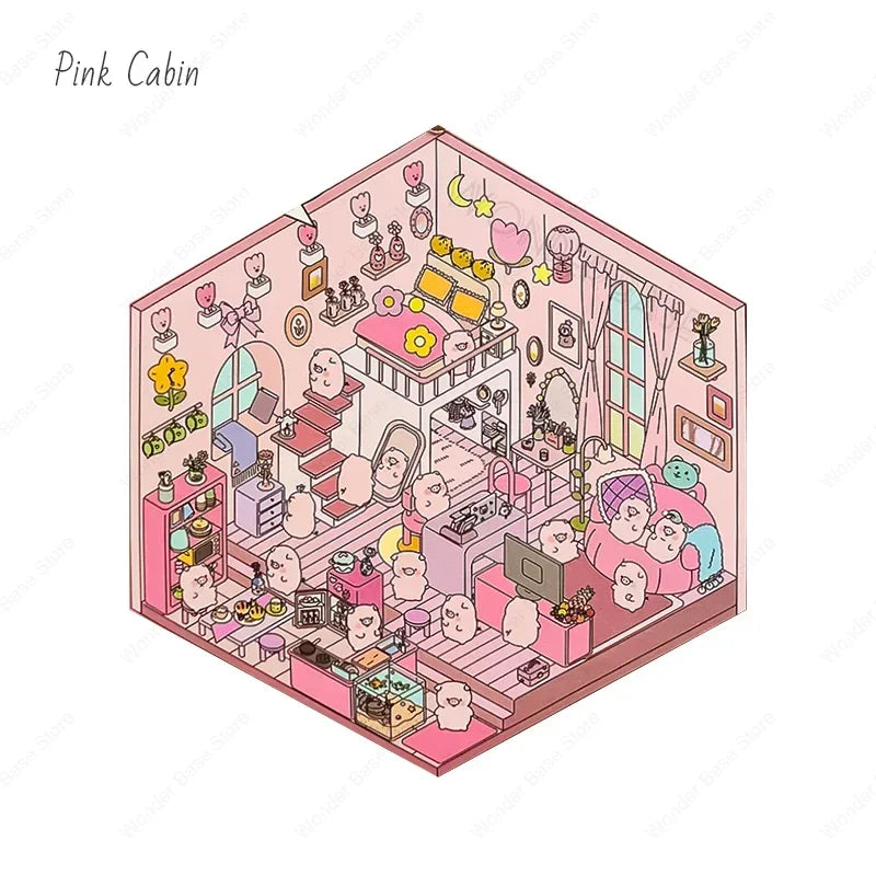 Miniature Scene 3D:Ice Cream Shop/Sensen Book/Coco Coffee/Pink cabin