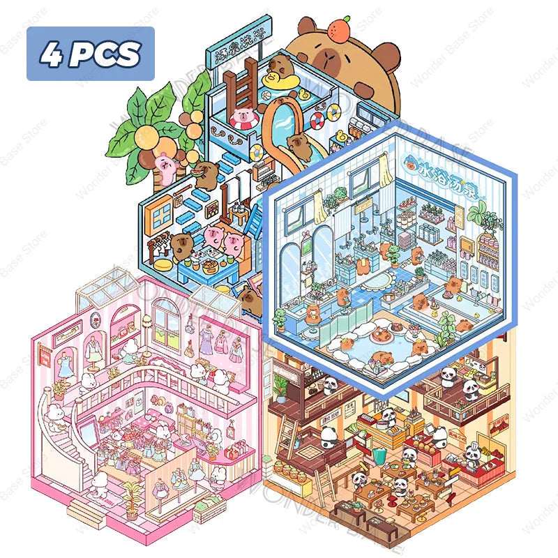 Miniature Scene 3D:Hamster Tea Shop/Market/Girl Party/Capybara Hot Spring