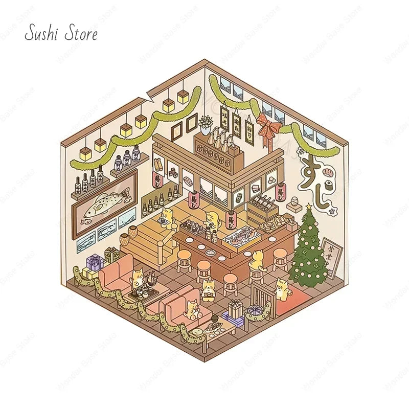 Miniature Scene 3D:Ice Cream Shop/Sensen Book/Coco Coffee/Pink cabin